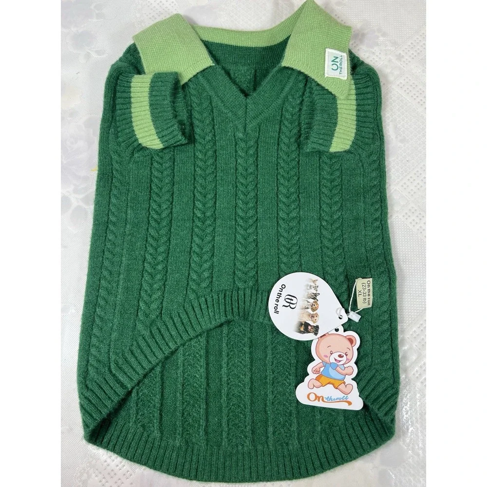 On The Roll Green Collared Dog Sweater, Size XL (23-33lb ) Classic And Fashionab